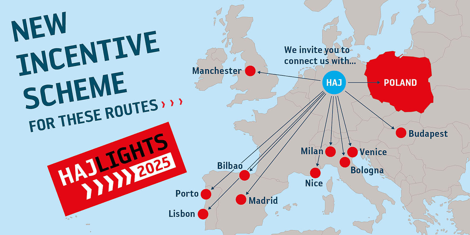 Ausschnitt einer Landkarte in der zehn Destinationen im europäischen Raum rot gekennzeichnet sind. Der Standort des Hannover Airport ist blau hinterlegt.
