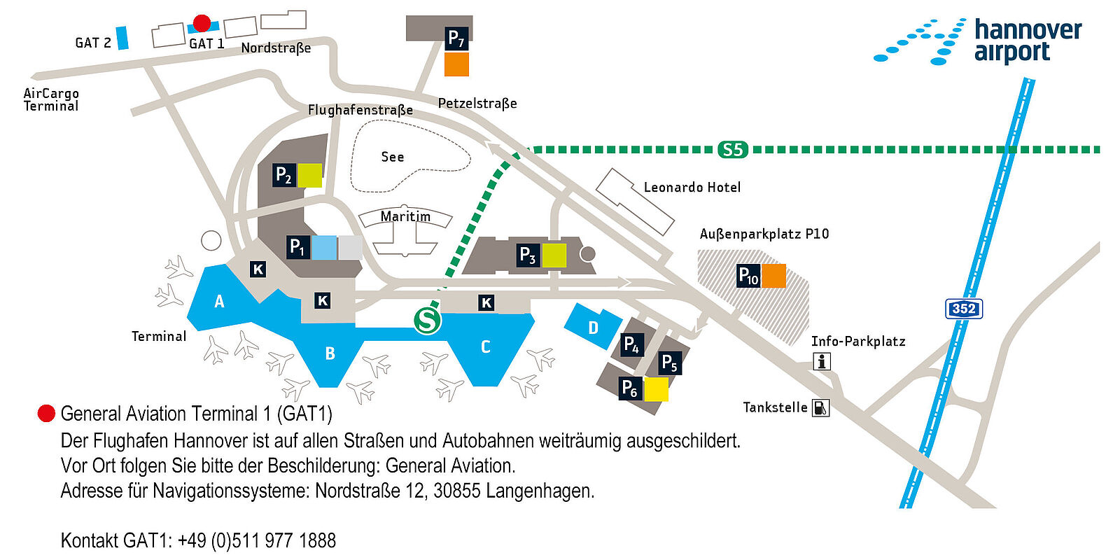 Karte zeigt den Standort des General Aviation Terminals in der Nordstraße 12, 30855 Langenhagen