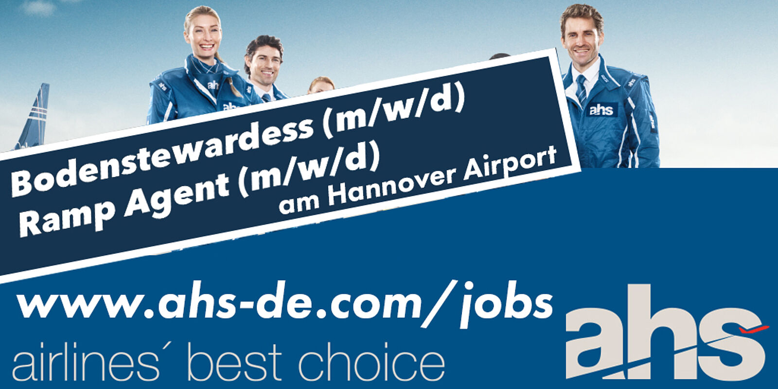 Bild mit Text zur Bewerbung Bodensteward und Ramp Agent (m/w/d) und URL, die unter den Bild jeweils aktuell verlinkt sind. 