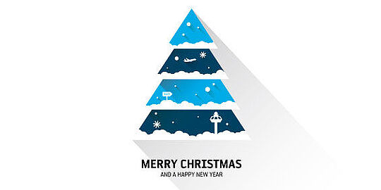 Ein Weihnachtsbaum in zwei Blautönen. Im Weihnachtsbaum befindet sich ein Motiv eines Towers und Schneeflocken.